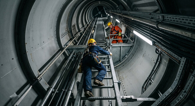 Technicians performing maintenance work on a ladder inside a large industrial tunnel.