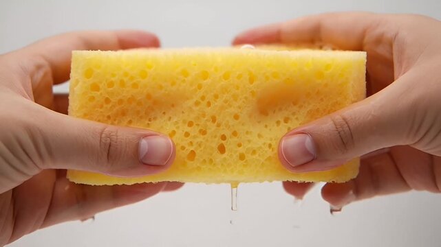 Squeezing Wet Sponge A CloseUp of Cleaning and Absorption.