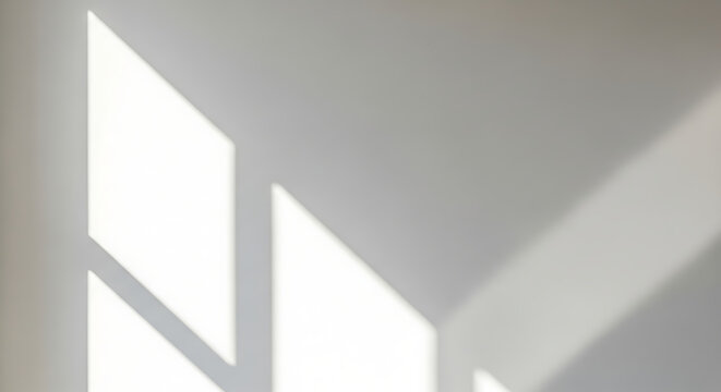 Abstract geometric patterns of natural sunlight cast dynamic shadows across a clean white wall, creating a serene and minimalist aesthetic in a bright indoor setting