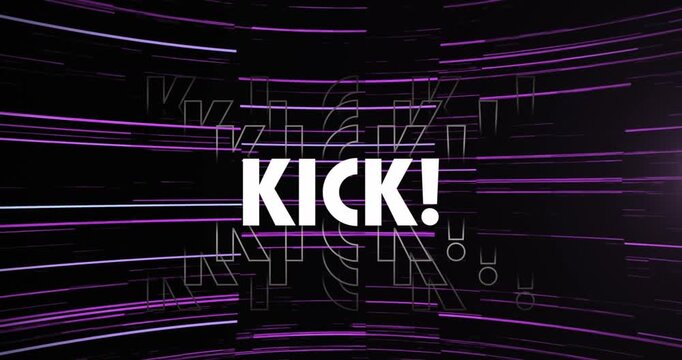 Animation of kick text with exclamation over lens flare moving and cubes against lines in background