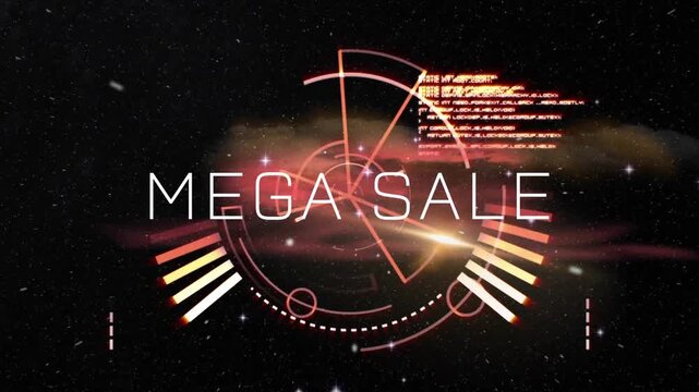 Animation of mega sale text with geometric shapes and computer language in galaxy