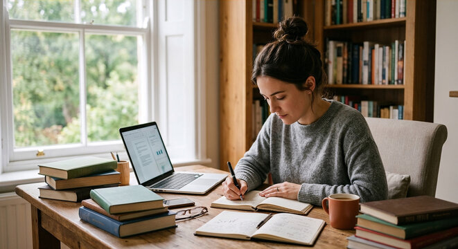 Focused student writing in notebook while studying at home.