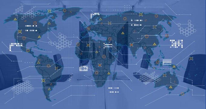 Animation of financial data processing and world map over office with computers on desks