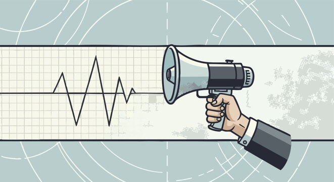 Megaphone broadcasting sound wave. Communication concept. Retro illustration. Graphic art. Public announcement.