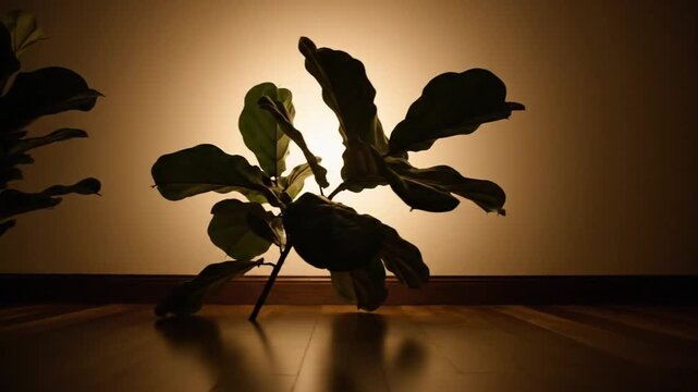 A fiddle-leaf fig plant is silhouetted against a warm, circular glow in a dark room. The plant slowly shifts and leans, creating a dramatic and serene atmosphere on the polished wooden floor.