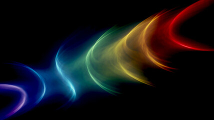 Fototapeta premium Rainbow light trails, glowing waves, abstract colorful curves on black background, futuristic spectrum motion, dynamic energy flow, flowing neon lines, vibrant art