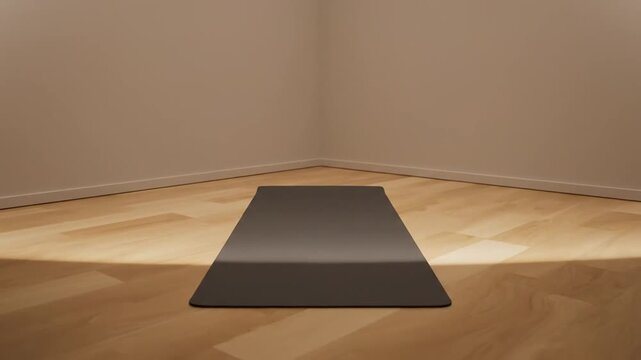 Dramatic light beams sweep across a black yoga mat in a serene, minimalist studio with wooden parquet floors and white walls, showcasing shifting patterns of cinematic light and shadow.