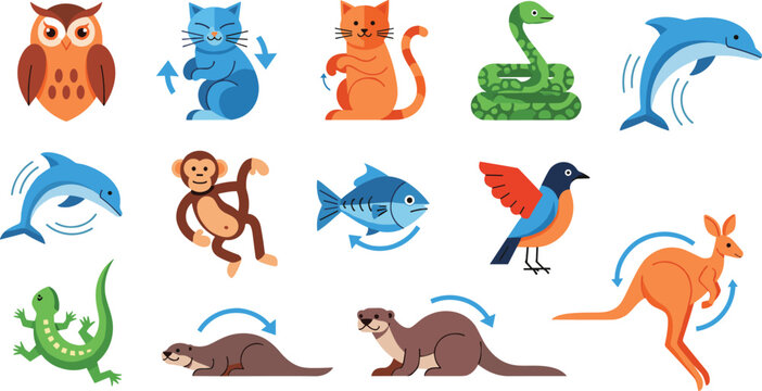 Cute Animal Movement Icon Set with Owl Cat Snake Dolphin Monkey Fish Bird Kangaroo Reptile and Mammal Motion Poses for Educational Vector Design