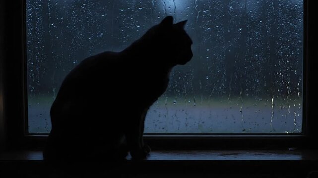 A silhouette of a black cat sits by a rainy window, watching cars pass on a wet road. The cat eventually turns its head to look directly at the camera in this moody, atmospheric scene.