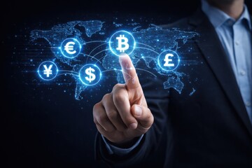 Obraz premium Digital global payment money transfer mobile banking fintech concept with cryptocurrency symbols and businessman hand pointing bitcoin icon