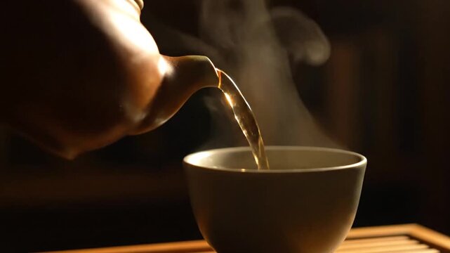 Steam rises gracefully as hot tea is poured from a dark ceramic teapot into a matching cup, set against a warm, dimly lit background. A serene and cozy atmosphere is created.