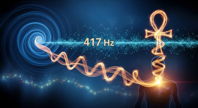 417 Hz solfeggio frequency healing sound wave with ankh symbol and human silhouette