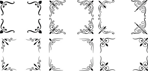 Fototapeta premium Black, decorative, corner, frame, set, including, vintage, floral, ornaments, and, filigree, borders, for, wedding, invitation, and, certificate, design, vector, elements,
