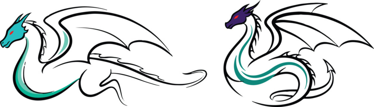 A whimsical illustration of two mystical dragons in profile showcasing their vibrant turquoise and purple hues