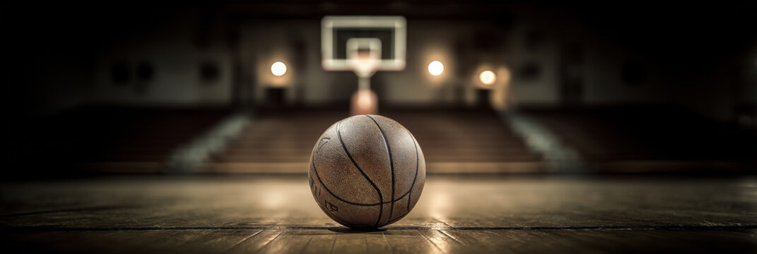 Basketball resting on wooden court, game concept. Basketball resting on a wooden court floor with blurred background, emphasizing sport and competition
