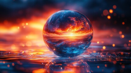 Fototapeta premium Crystal ball reflecting fiery sunset over water