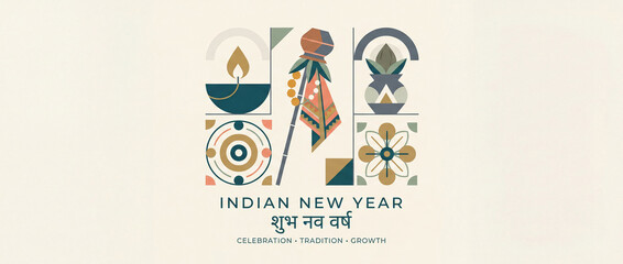 Fototapeta premium Vibrant cultural symbols gracefully herald the joyous arrival of Indian New Year, embodying ancient traditions and future growth