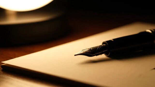 A vintage black fountain pen rests on ivory paper under the warm glow of a desk lamp, evoking a sense of classical literature and quiet contemplation.