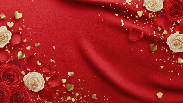 Elegant Red Silk Background with Roses and Golden Hearts for Valentines Day.