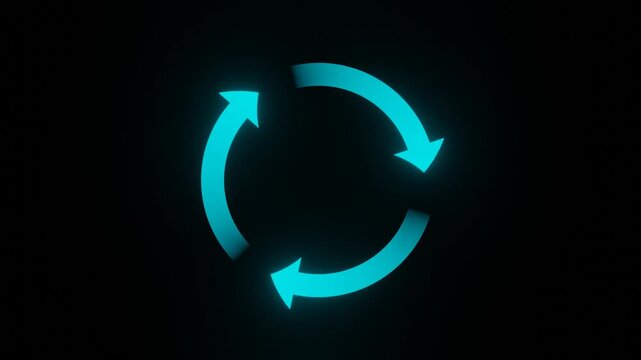 Cyan neon glowing circular arrows rotation cycle seamless loop animation on dark background