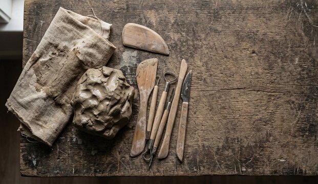 Top view flat lay of a traditional pottery artisan workbench with raw unshaped clay, canvas cloth, and wooden sculpting tools on a textured wooden board