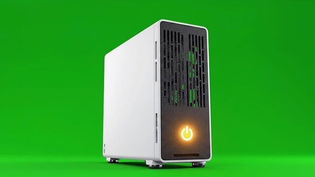 Modern White Computer Tower with Glowing Power Button on Green Screen.