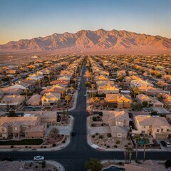 Obraz premium aerial view of suburban neighborhood with mountain range