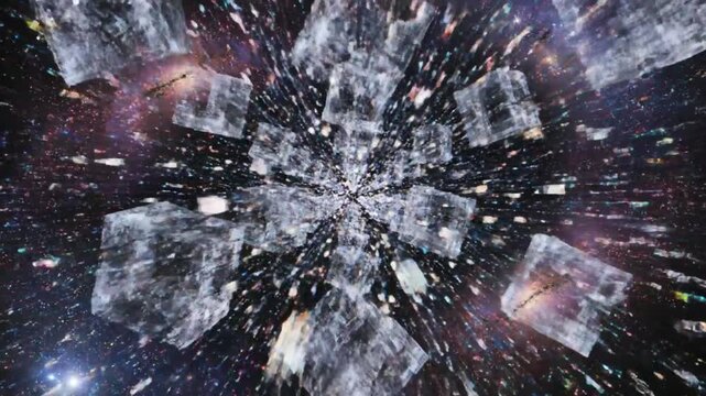 Abstract geometric crystal shapes exploding outwards in a starry galaxy background.