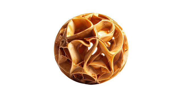 Intricate geometric sphere with organic, interwoven, golden-brown elements