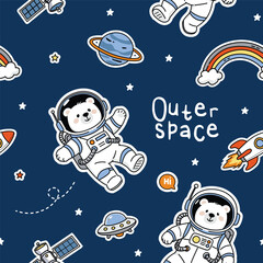 Fototapeta premium Cute Cartoon Astronaut Bears and Space Elements Seamless Pattern