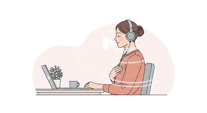 Woman meditating or relaxing at her desk with headphones, practicing mindfulness during a work break.