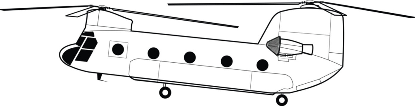 Military Cargo Helicopter CH-47 Tandem Rotor Aircraft Side View Vector Illustration Graphic
