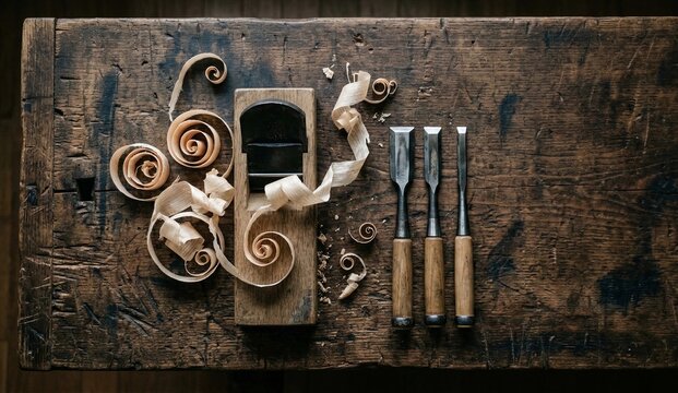 Top view flat lay of a traditional Japanese woodworking artisan desk with a wooden hand plane, chisels, and curled wood shavings on a scarred wooden workbench