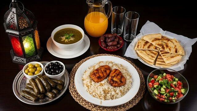 Middle eastern cuisine spread with various dishes and drinks