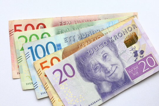 Swedish money or banknotes in different denominations. Sweden cash concept.