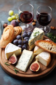 Elegant cheese board with Brie, Roquefort and goat cheese, paired with red wine, grapes, figs, and crusty bread on a wooden platter.