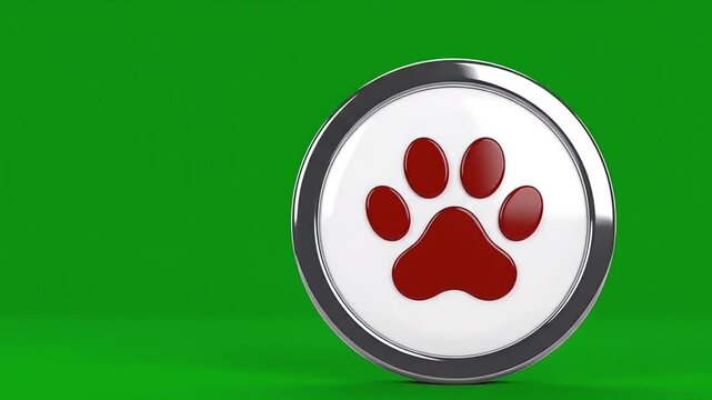 Red Paw Print Icon on a White Button with Metallic Border.