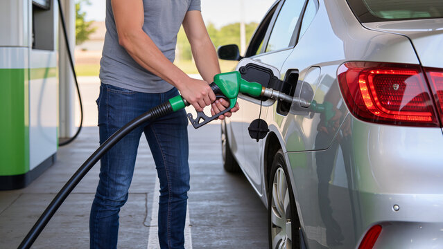 man with gas pump, The vehicle is getting a full tank, The car is positioned near the pump, A person is preparing for a trip, The fuel tank door is wide open, A hand grips the fuel pump handle