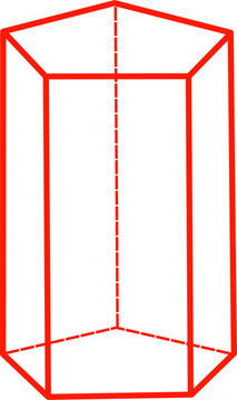 Red wireframe pentagonal prism with dashed hidden edges, clean geometric 3D diagram on white background, ideal for math, engineering, and education.