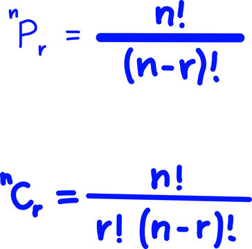 Clear mathematical formula illustration showing permutations and combinations with factorial notation, ideal for education, statistics, and math learning visuals.
