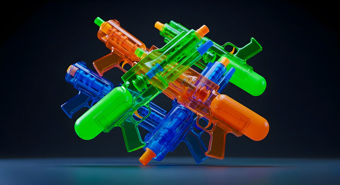 Abstract 3D composition of multiple minimalist plastic water guns._2