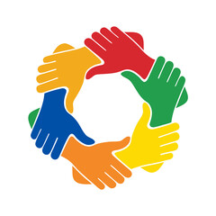 Obraz premium Colorful Unity Hands Circle Vector – Teamwork, Diversity and Collaboration Symbol Design