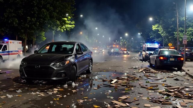 Car crash scene with emergency vehicles