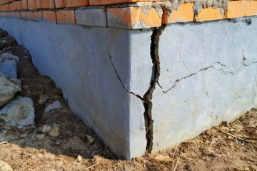 Naklejka na ściany i meble Building foundation wall showing concrete crack damage