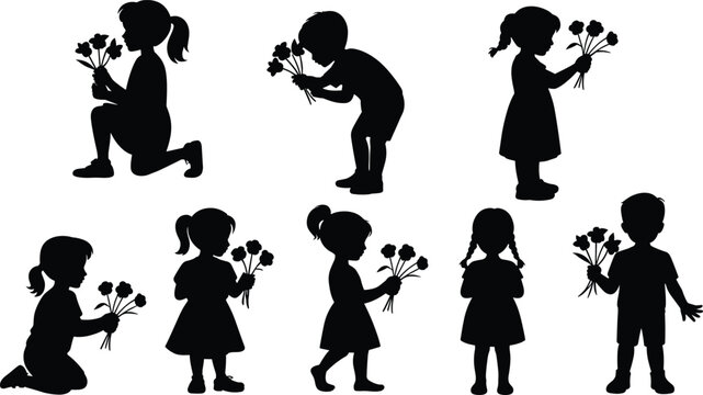 Children holding flowers silhouette illustration, boys and girls in playful poses with bouquets, innocence nature kindness theme, vector art, black isolated bold design
