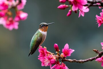 Naklejka premium Ruby throated hummingbird perching on pink cherry blossom branch