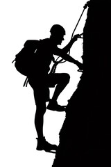 Naklejka premium Rock climber silhouette ascending cliff with rope gear