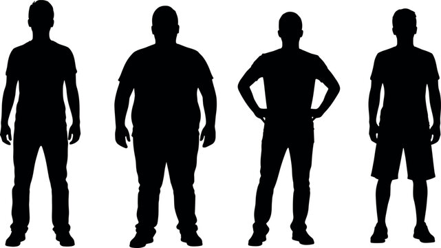 Male body silhouette set featuring different standing poses, casual outfit figures, human shape vector collection, black shadow people illustration isolated on light background