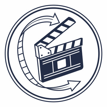 Clapperboard inside round frame with arrows indicating repetition outline icon isolated on white background. cinema concept vector illustration