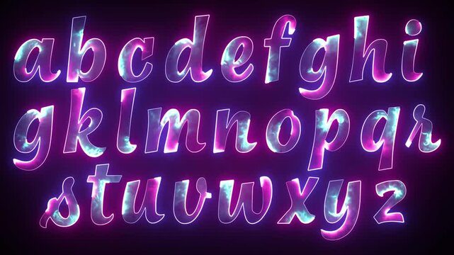 Neon Alphabet 3D Lowercase Letters Glowing Pink Blue Cyberpunk Style on Dark Background